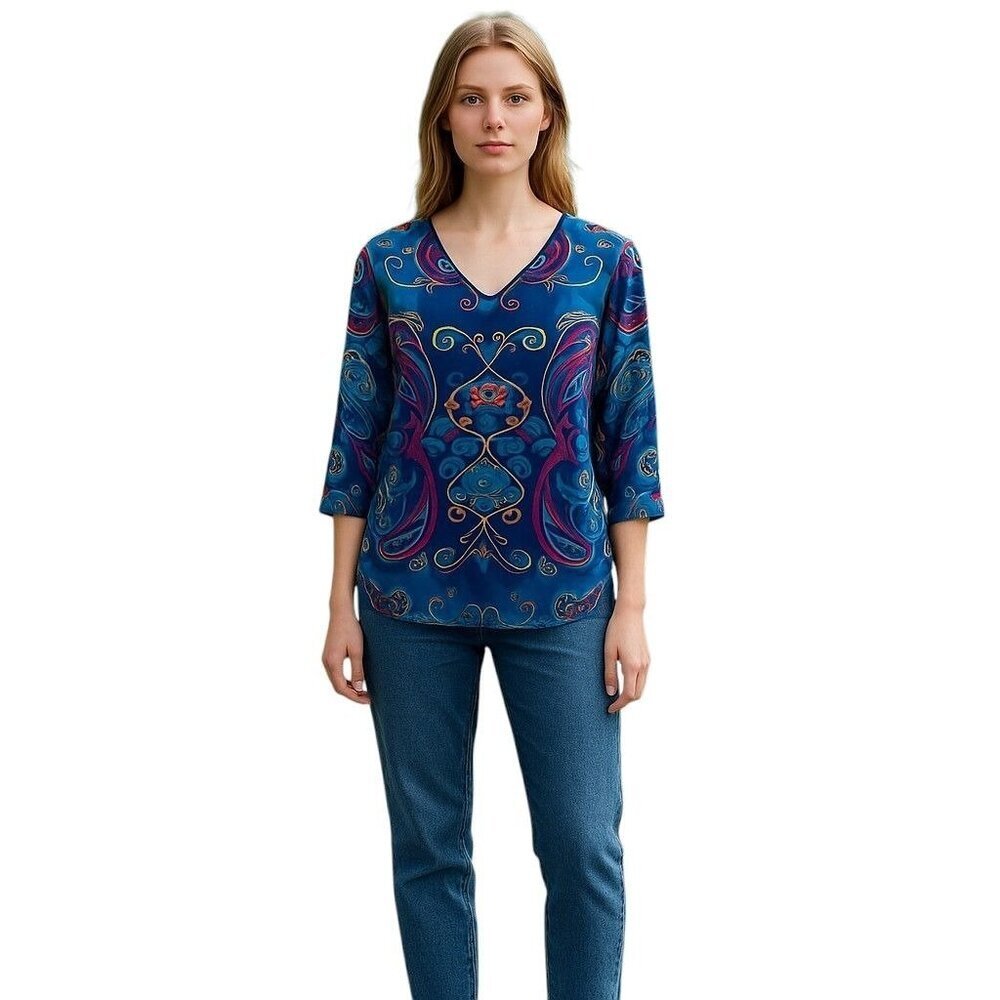 Westbound Boho V-Neck Mesh Blouse Small Multicolor Quarter Sleeve Swirl Trim